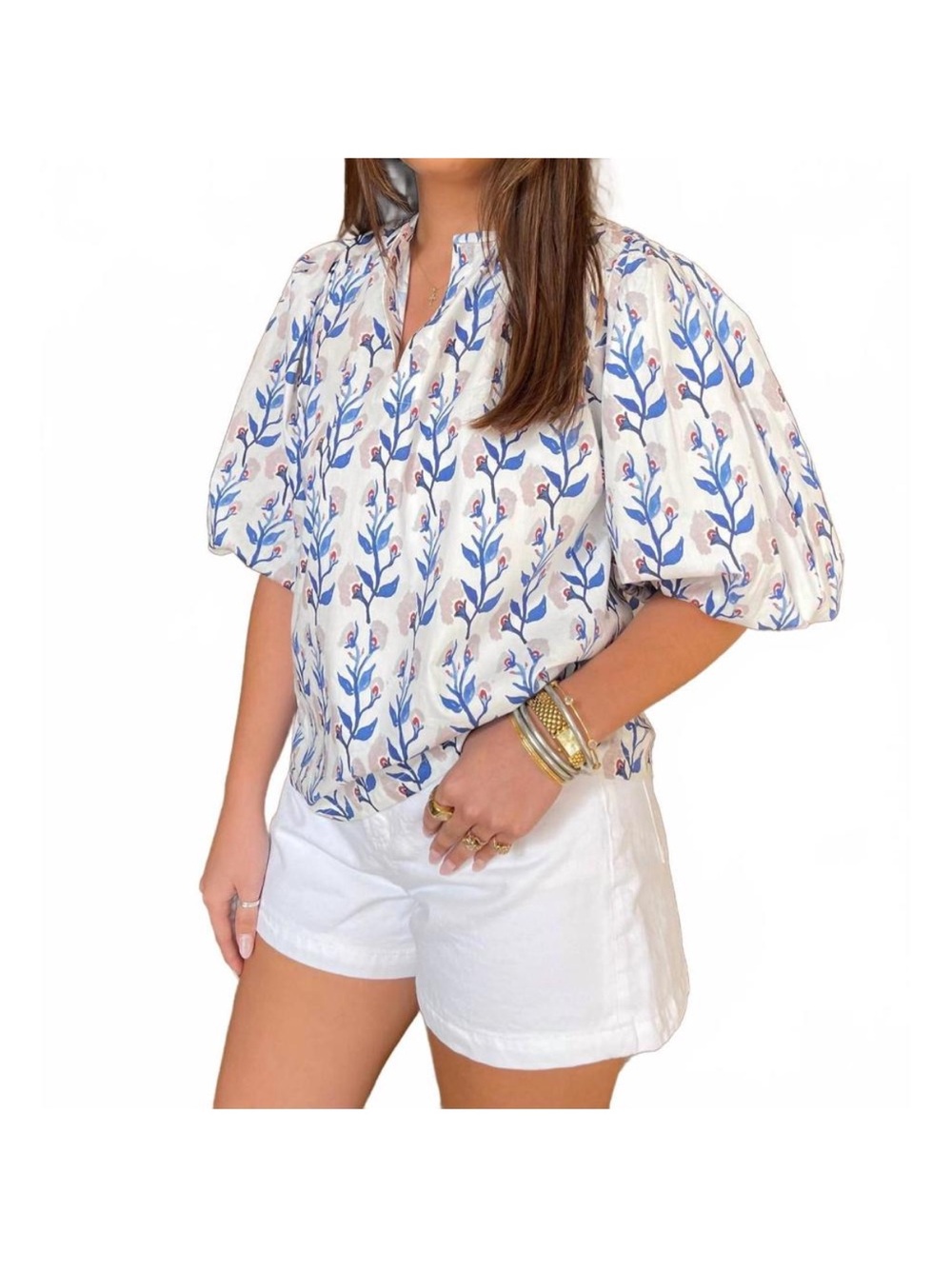 Brooke Wright women's claudia top in blue wildflower oversized puff sleeve XS